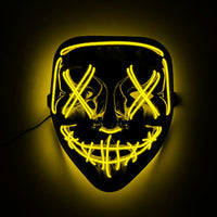 Máscara LED Neón Terror, color amarillo, brillando en la oscuridad
