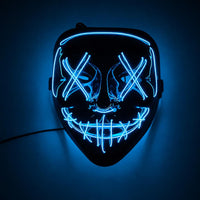 Máscara LED Neón Terror, color azul, brillando en la oscuridad