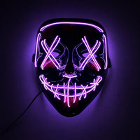 Máscara LED Neón Terror, color morado, brillando en la oscuridad