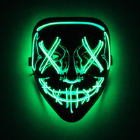Máscara LED Neón Terror, color verde, brillando en la oscuridad
